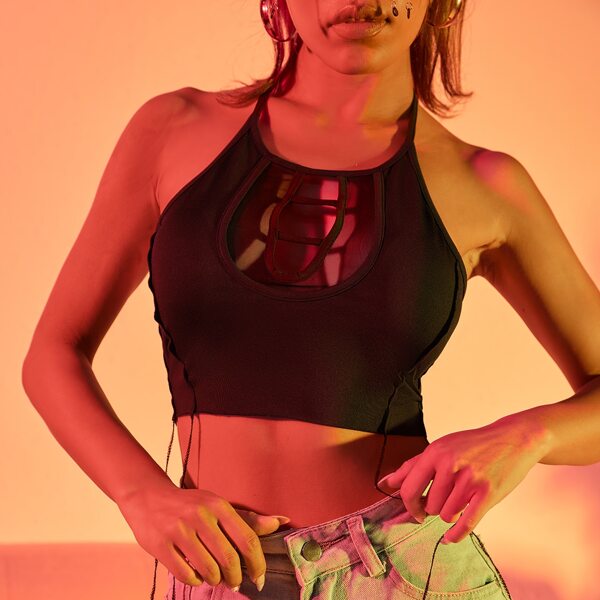 

Cut Out Contrast Mesh Halter Top, Black