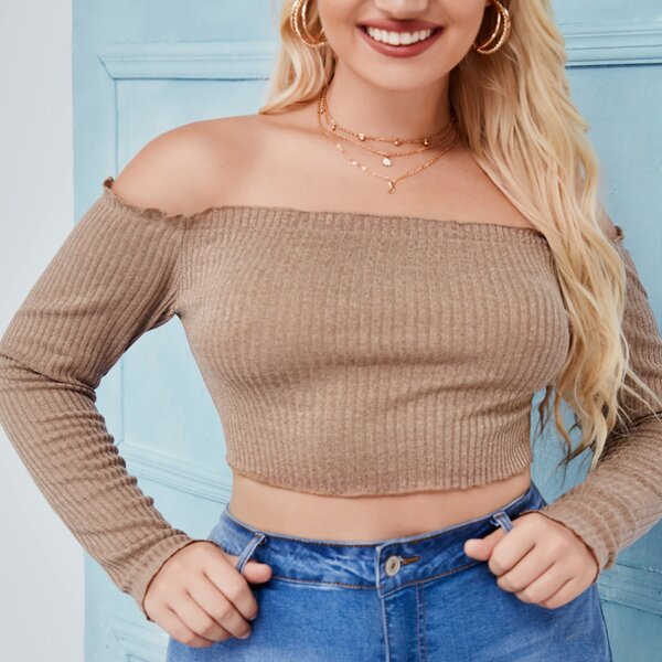 

Plus Off Shoulder Rib-knit Tee, Khaki