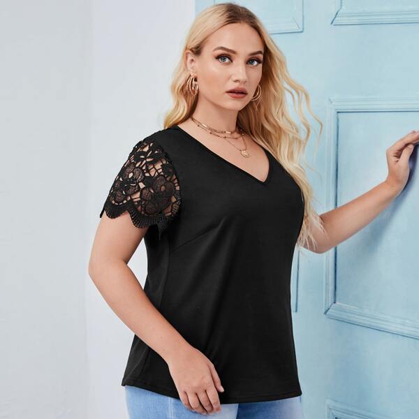 

Plus Contrast Lace Panel Tee, Black