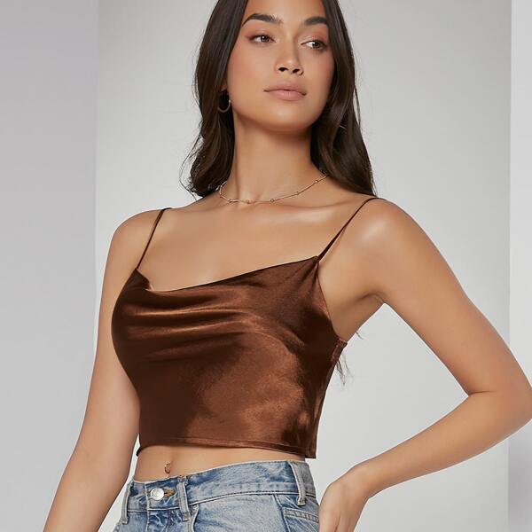 

Draped Front Satin Cami Top, Coffee brown