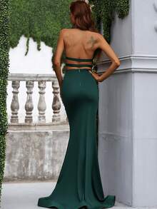 Missord Cutout Zipped Backless Split Thigh Prom Dress - Dark Green - View 2