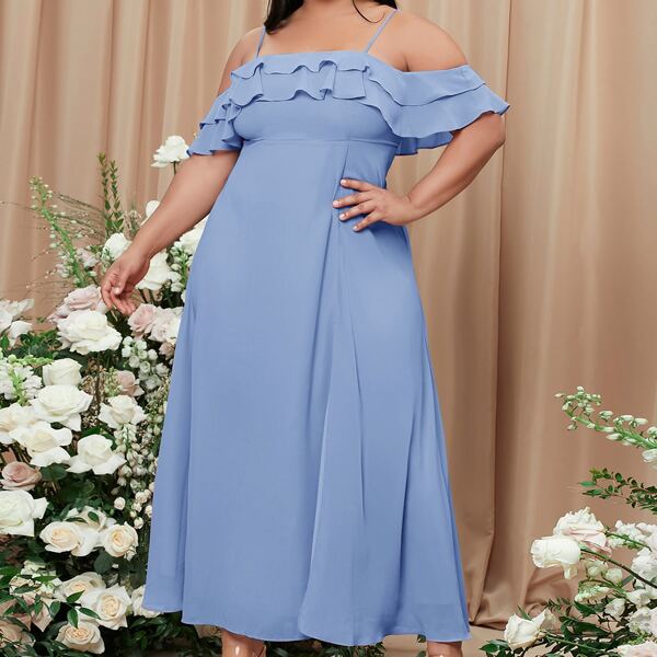 

Plus Cold Shoulder Ruffle Hem Wrap Dress, Baby blue