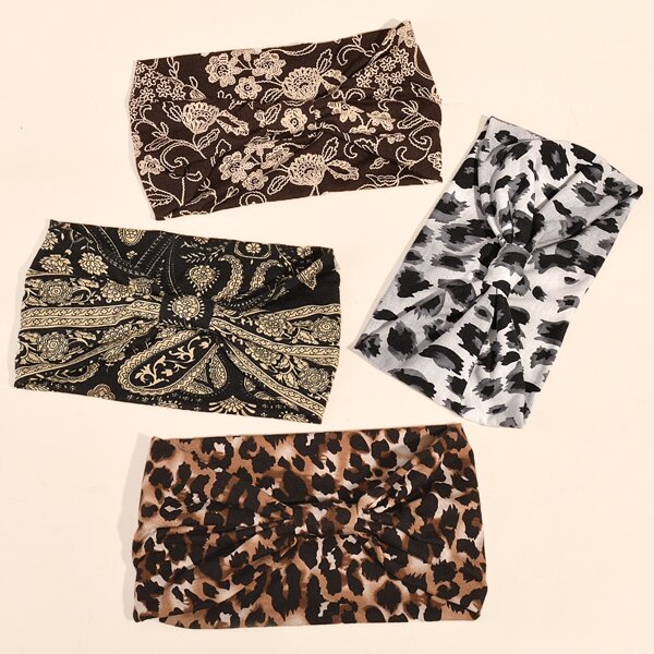 

4pcs Flower & Leopard Print Hair Band, Multicolor