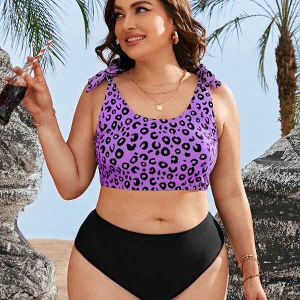 

Plus Leopard Tie Shoulder Bikini Swimsuit, Multicolor