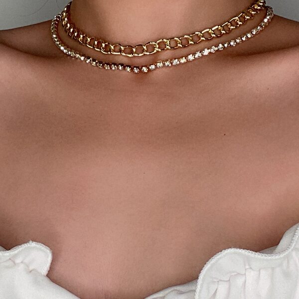 

2pcs Rhinestone Decor Chain Necklace, Gold