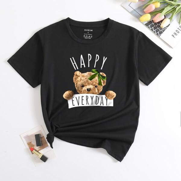 

Slogan & Cartoon Graphic Tee, Black