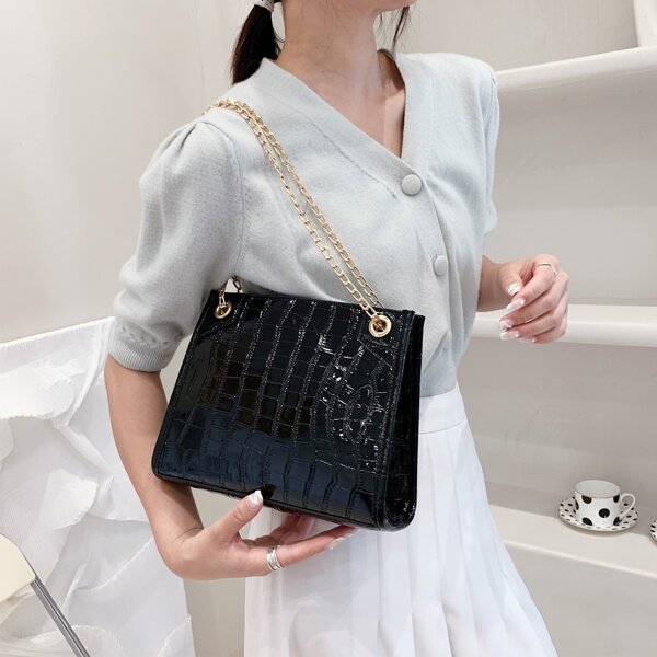 

Croc Embossed Chain Bag, Black