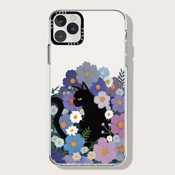

Flower & Cat Print Phone Case, Clear