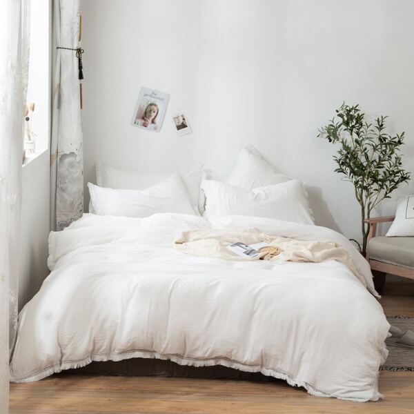 

Tassel Decor Solid Duvet Cover Set Without Filler, White