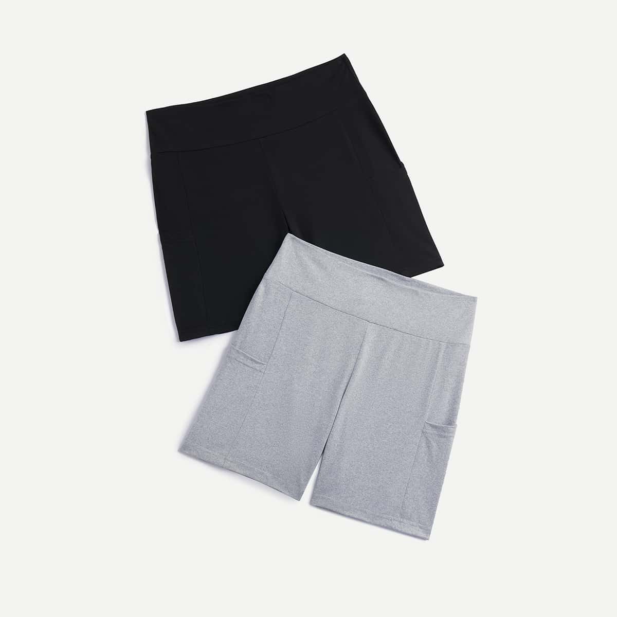 

2pcs Solid Pocket Biker Shorts, Multicolor