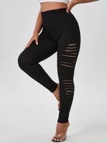 Plus Solid Ripped Leggings - Black - View 1