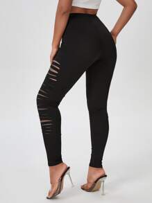 Plus Solid Ripped Leggings - Black - View 2