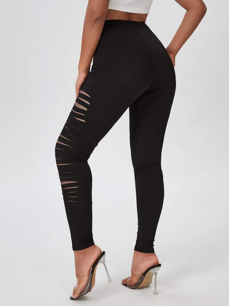 Plus Solid Ripped Leggings - Black - View 2