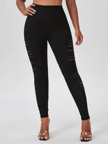 Plus Solid Ripped Leggings - Black - View 3