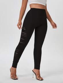 Plus Solid Ripped Leggings - Black - View 4