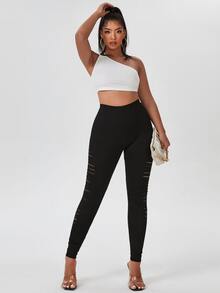 Plus Solid Ripped Leggings - Black - View 5