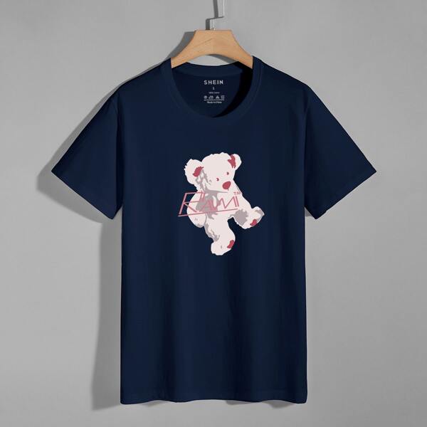 

Men Cartoon & Letter Graphic Tee, Navy blue