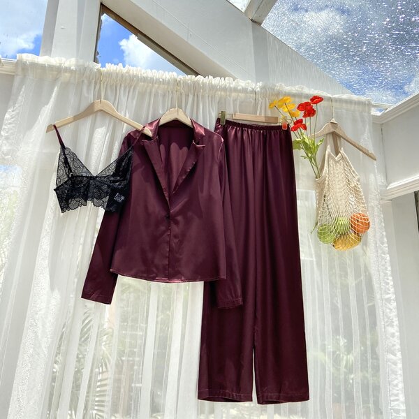 

3pcs Satin Lapel Neck Blouse & Pants & Lace Cami Top Night Set, Burgundy