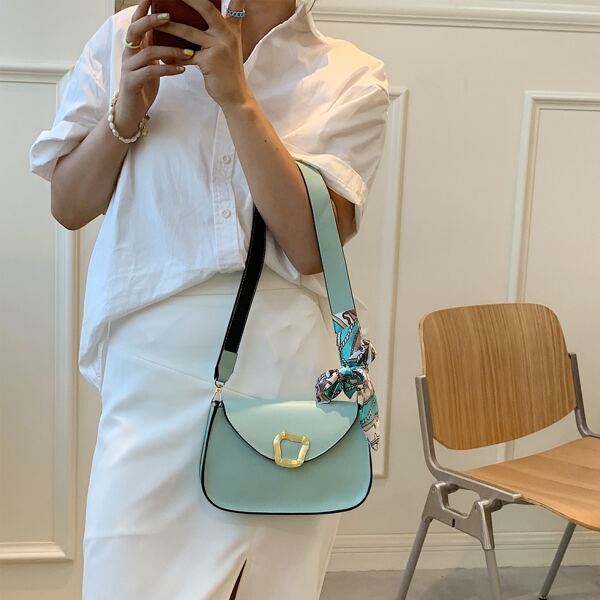 

Twilly Scarf Decor Flap Shoulder Bag, Green