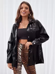 SHEIN Essnce Drop Shoulder Button Up PU Leather Coat - Black - View 1