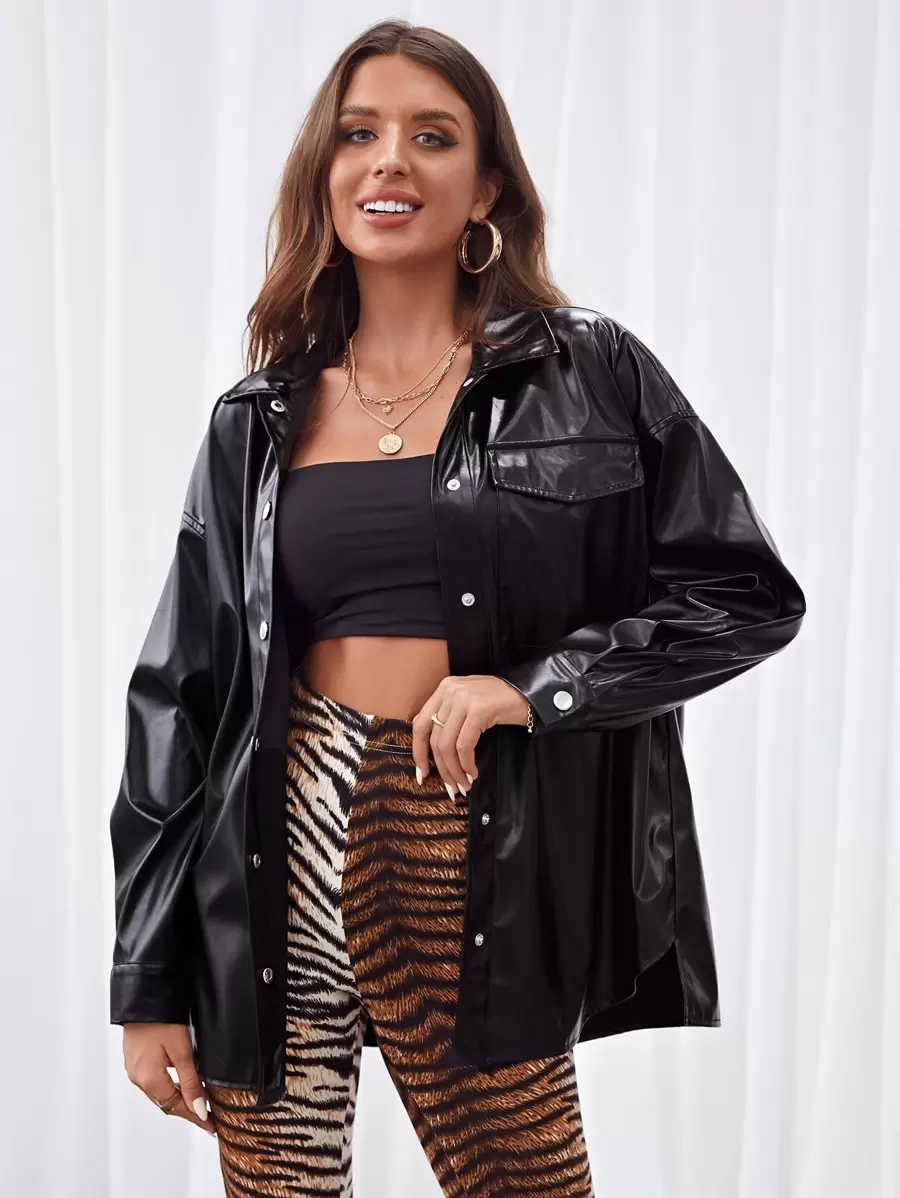 SHEIN Essnce Drop Shoulder Button Up PU Leather Coat - Black - View 1