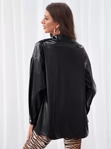 SHEIN Essnce Drop Shoulder Button Up PU Leather Coat - Black - View 2
