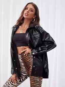 SHEIN Essnce Drop Shoulder Button Up PU Leather Coat - Black - View 3