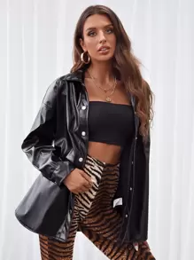 SHEIN Essnce Drop Shoulder Button Up PU Leather Coat - Black - View 5