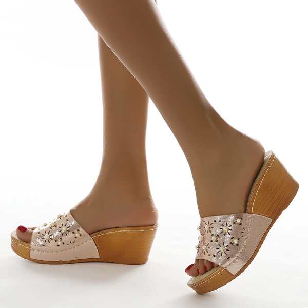 

Metallic Faux Pearl Decor Wedge Mules, Champagne