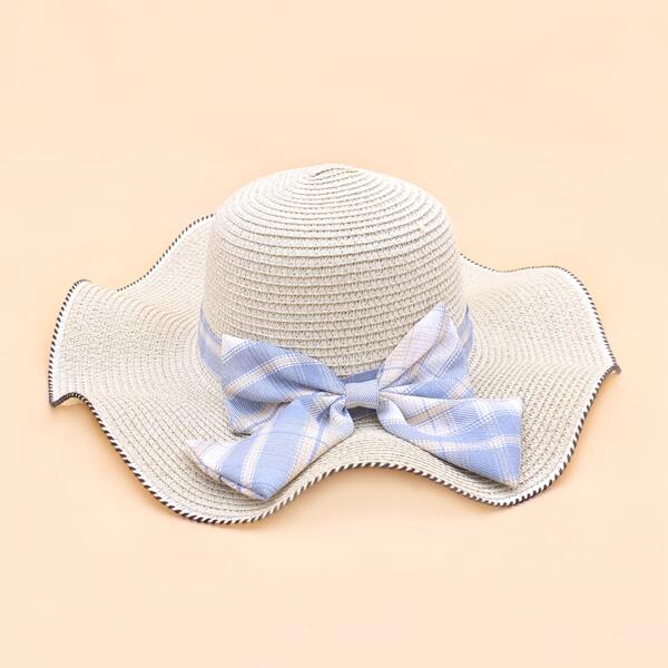 

Plaid Bow Decor Straw Hat, Beige
