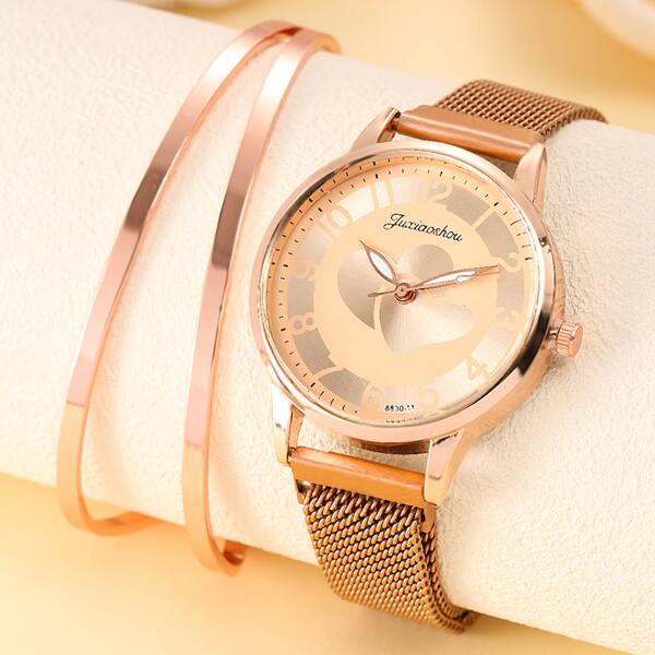 

1pc Heart Pattern Dial Mesh Strap Watch & 1pc Bracelet