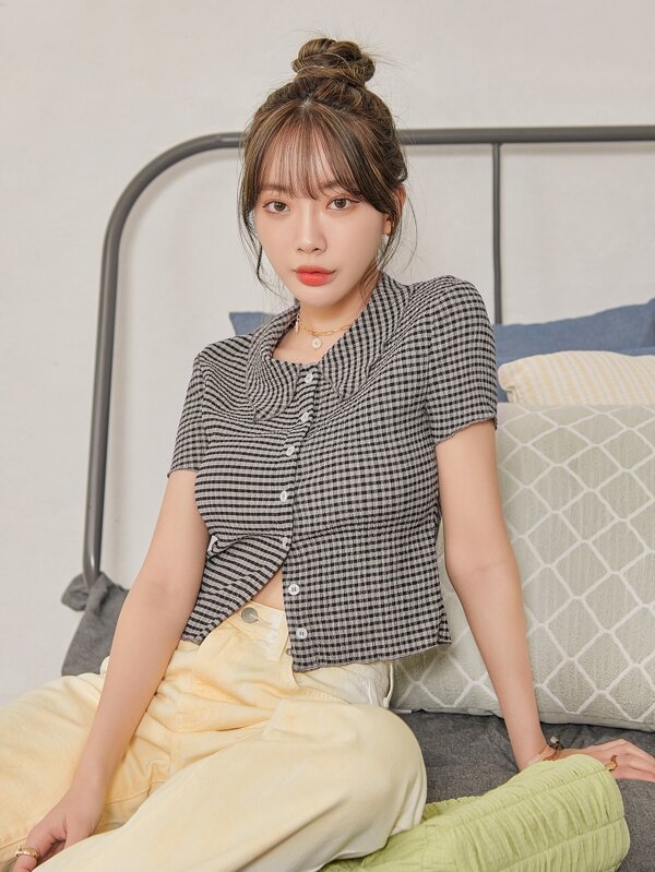 DAZY 女式夏季格纹纽扣衬衫、短款上衣