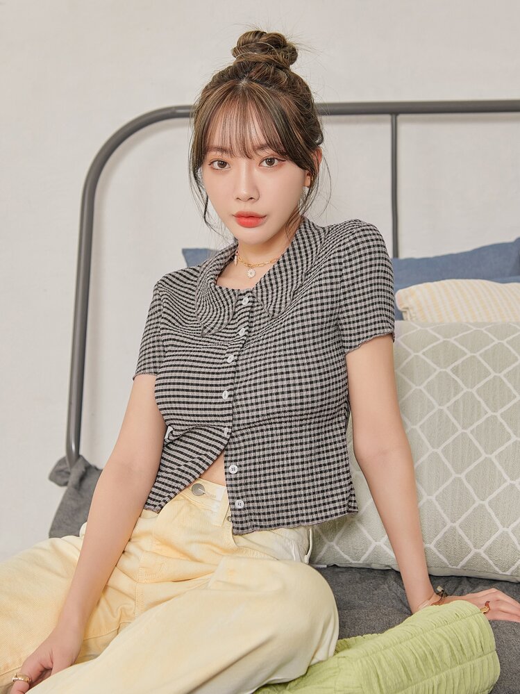 DAZY Gingham Button Up Shirt Summer,Crop Tops Women - Multicolor - View 1