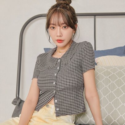 기핑햄 버튼업 셔츠 여름, 여성용 크롭 탑