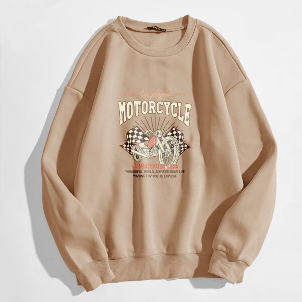 

Letter & Motorcycle Print Sweatshirt, Brown
