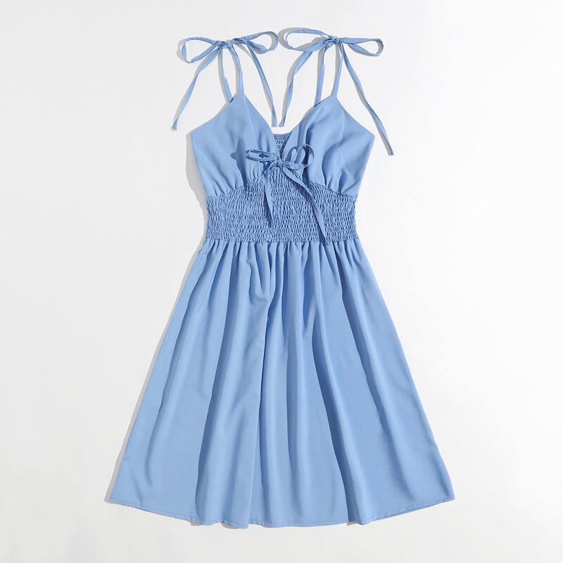 

Solid Shirred Tie Shoulder Dress, Blue