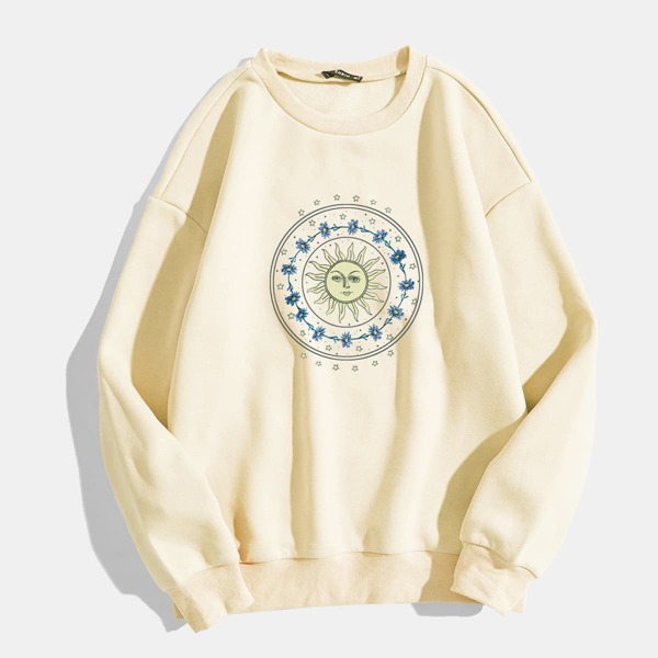 

Sun And Flower Print Thermal Sweatshirt, Beige