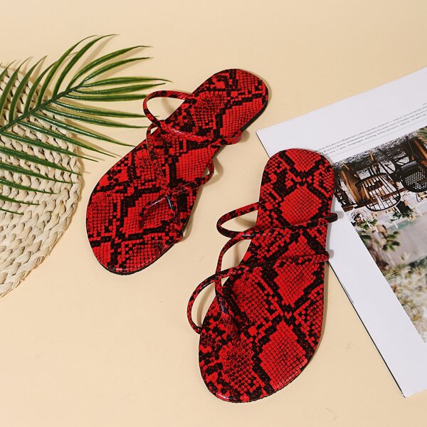 

Snakeskin Print Thong Sandals, Red
