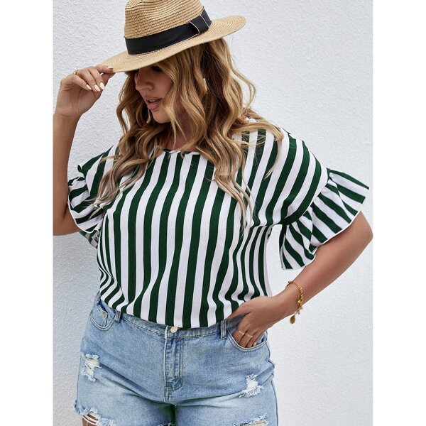 

Plus Ruffle Cuff Striped Blouse, Green