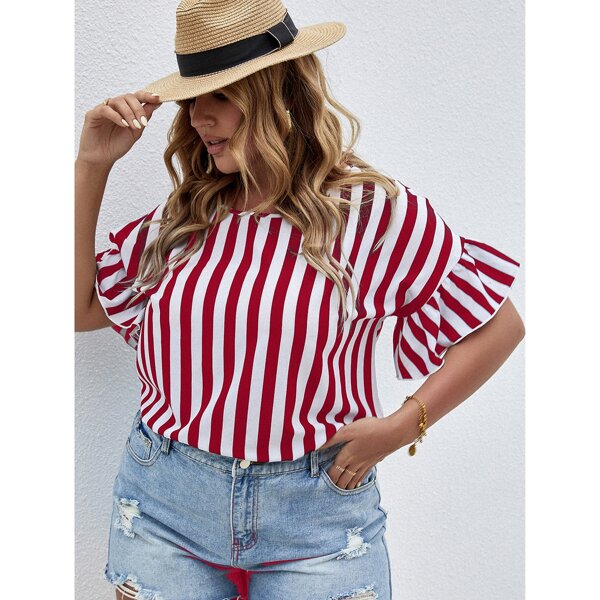 

Plus Ruffle Cuff Striped Blouse, Red