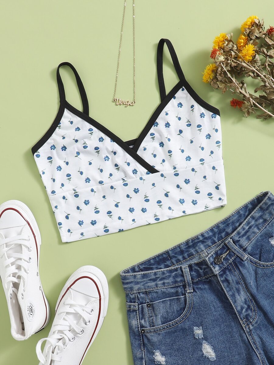SHEIN Privé Ditsy Floral Crop Cami Top - Blue and White - View 1
