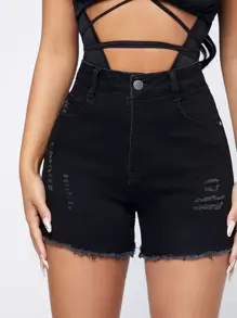 SHEIN SXY High Waist Ripped Roll Up Hem Denim Shorts - Black - View 1