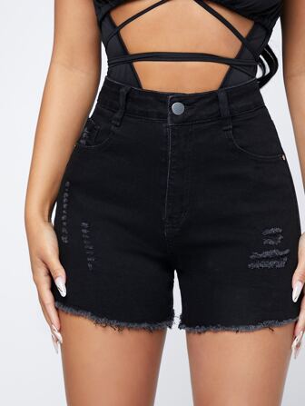 High Waist Ripped Roll Up Hem Denim Shorts