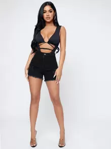 SHEIN SXY High Waist Ripped Roll Up Hem Denim Shorts - Black - View 4