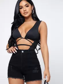 SHEIN SXY High Waist Ripped Roll Up Hem Denim Shorts - Black - View 5