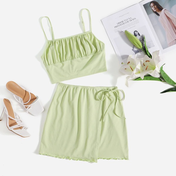 

Ruched Bust Cami Top & Wrap Tie Side Skirt Set, Mint green