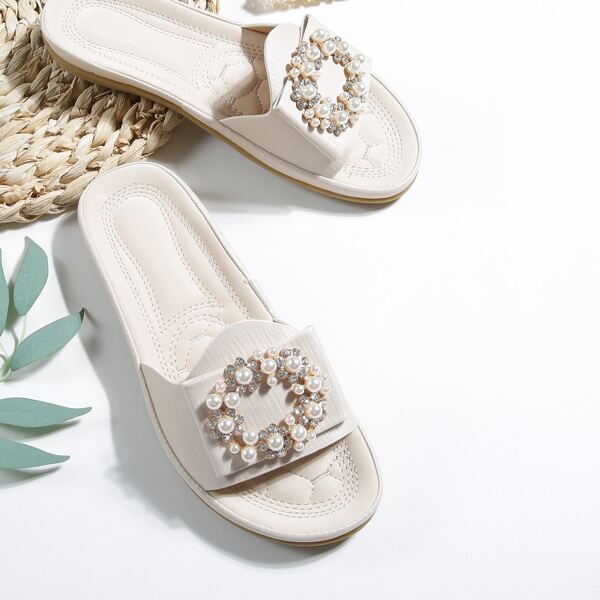 

Faux Pearl & Rhinestone Decor Slide Sandals, Beige