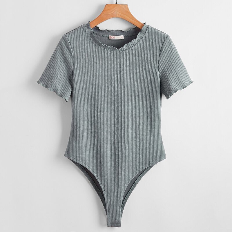 

Solid Ribbed Frill Bodysuit, Dusty blue