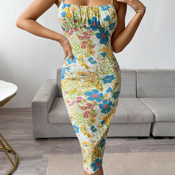 

Floral Print Ruched Bust Bodycon Cami Dress, Multicolor
