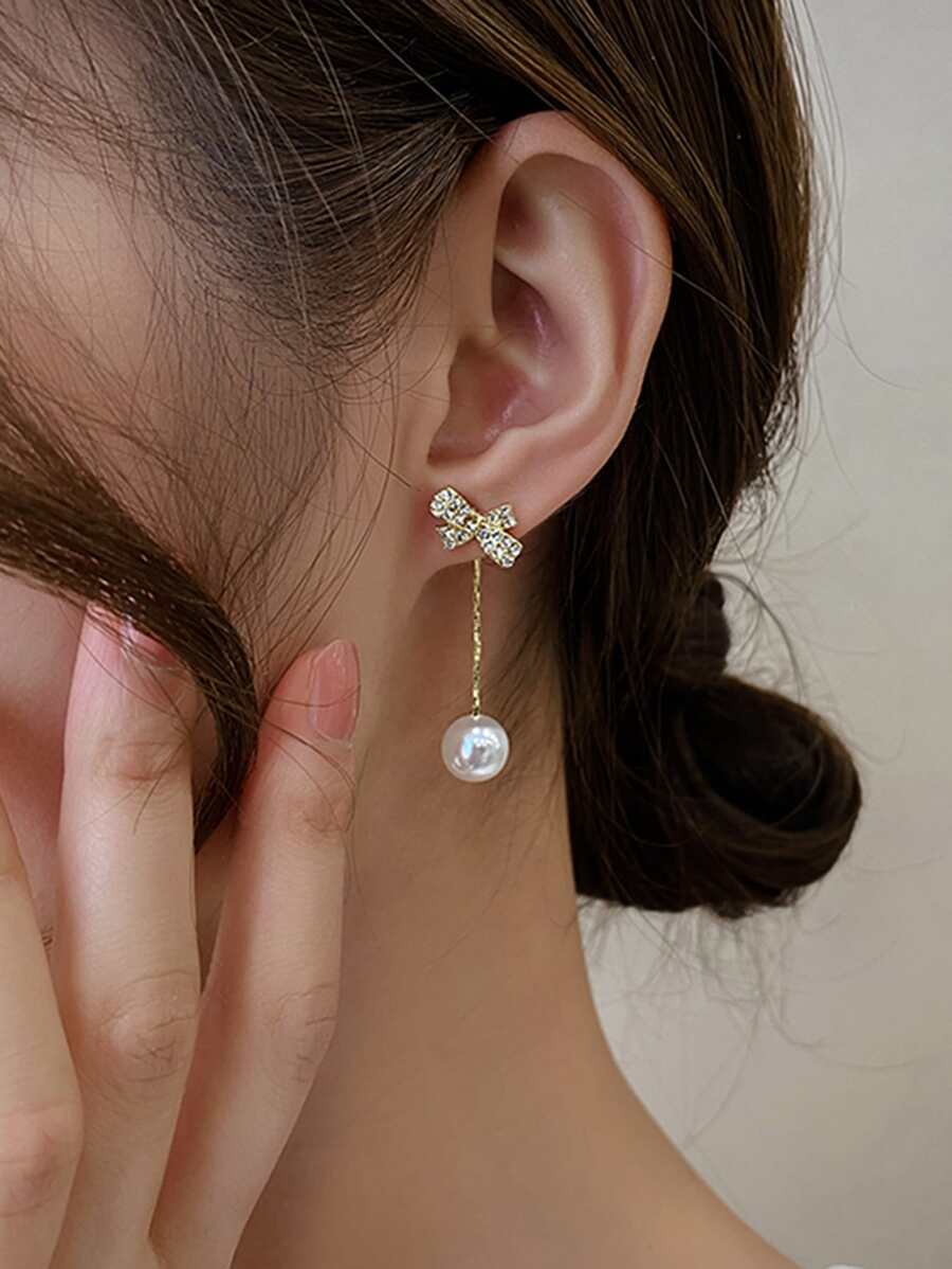 假珍珠裝飾耳環 - 金黃色 - 查看 1